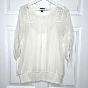 ALYX Blouse Sheer Lace Detail 3/4 Sleeve Tie Cuff Smocked Waist‎ Medium